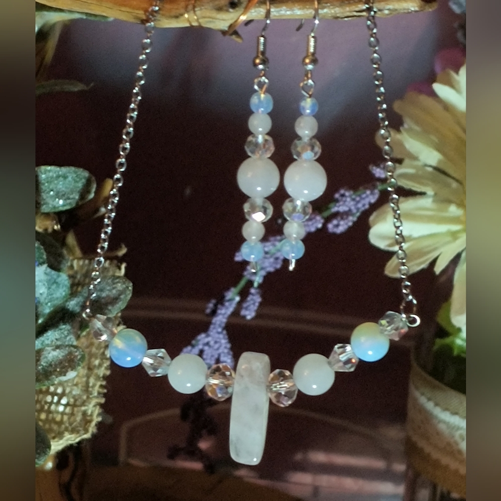 Rose Quartz, Opal & Faceted Quartz Crystal Bead, Choker Style Necklace & Earrin